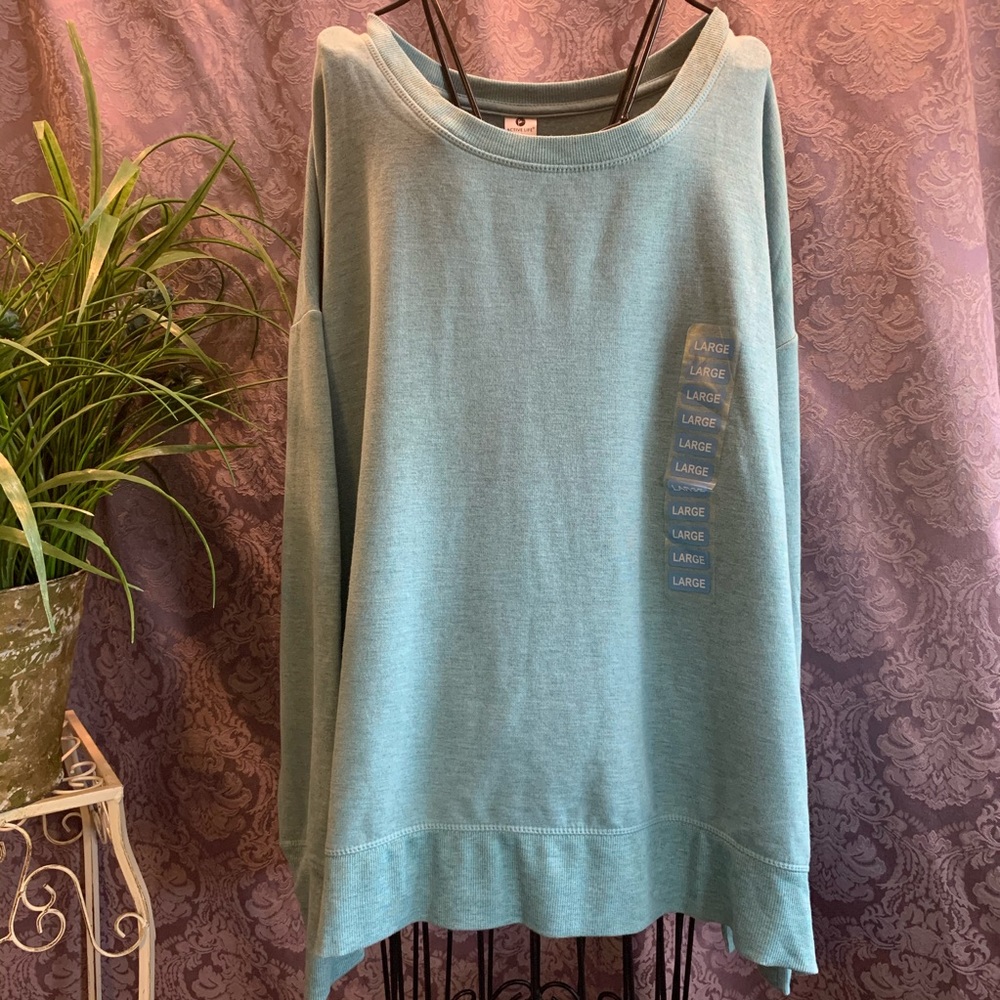 Active Life Lightweight Fleece Sweatshirt Crewneck Aqua Teal Heather NWT